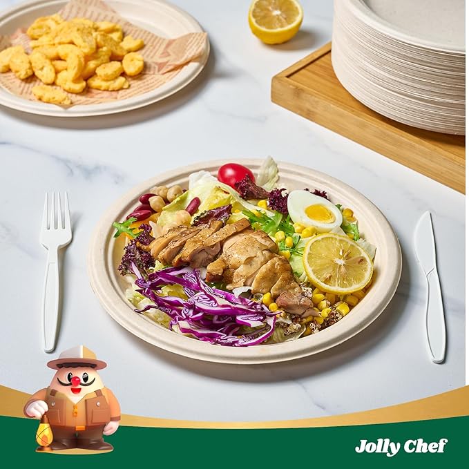 JOLLY CHEF 100% Compostable Paper Plates, 150 Pack 10 Inch Heavy Duty Plates, Disposable Biodegradable Eco-Friendly Sugarcane, Bulk Nature