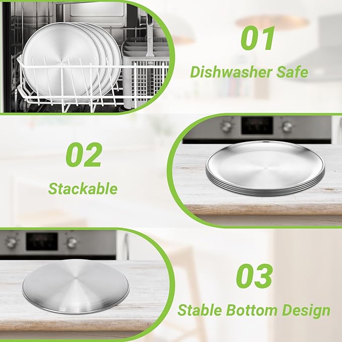 Stainless Steel Plates, 10 Pack 11.8 inch Large 201 Metal Food Serving Plate Set, Reusable Snack Eating Dishes Round Shatterproof Brushed Finish Dish Silver Dinner Lunch Oven Dishwasher Safe