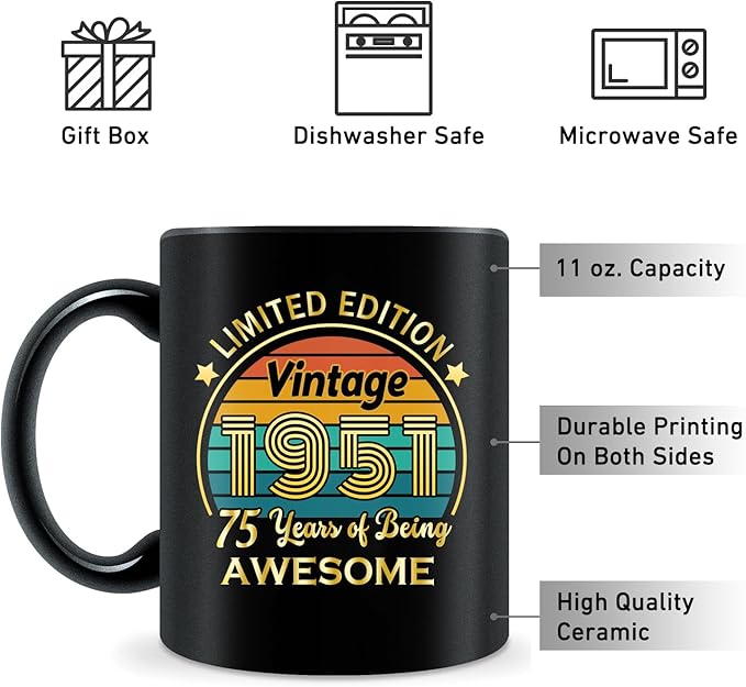 QUPT 75th Birthday Gifts for Women Men, 75th Birthday Gifts for Him, 1951 Birthday Gifts for Women Men, 75 Years Old Gifts, 1951 Birthday Gifts for Her Him, 75th Birthday Presents Coffee Mug