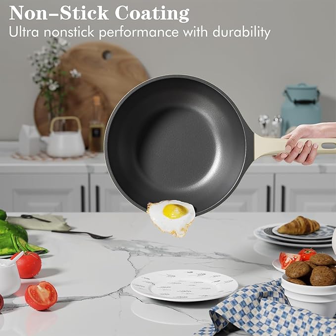 Royalty Line OS1014 Pan Set, 17 Pieces, Induction Compatible, Marble Non-stick Coating, Removable Cold Handles, Cream