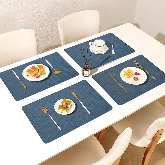 Boobezeen Faux Leather Placemats Set of 6, Heat Resistant Wipeable Washable Vinyl Place Mats, Waterproof Anti-Slip Dining Table Mats, Suitable for Indoor & Outdoor Use (Navy Blue)