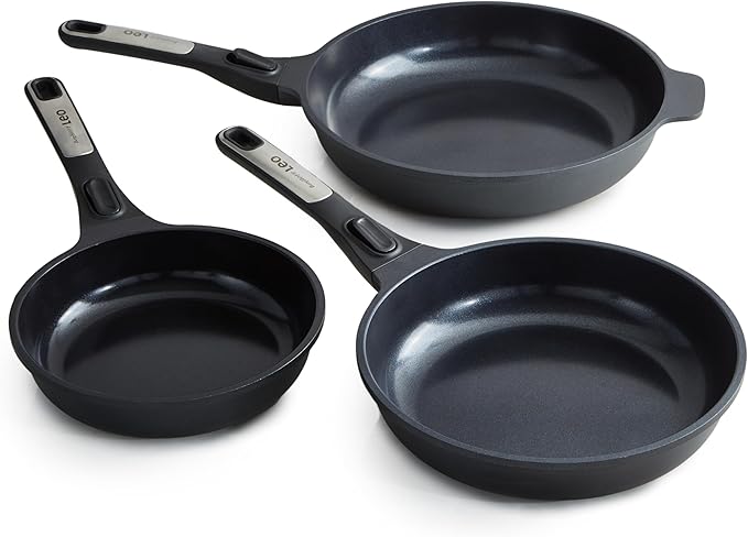 BergHOFF Phantom 3Pc Nonstick Ceramic Frying Pan Set Detachable Handle Recycled Cast Aluminum CeraGreen Non-toxic Coating Induction Pan Oven-to-table Cookware Full Disk