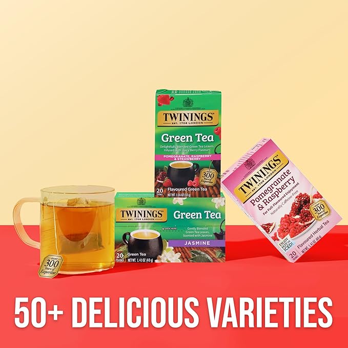 Twinings Green Tea with Pomegranate, Raspberry, & Strawberry Individually Wrapped Bags, 20 Count (Pack of 2), Caffeinated, Enjoy Hot or Iced, 20 Teabags