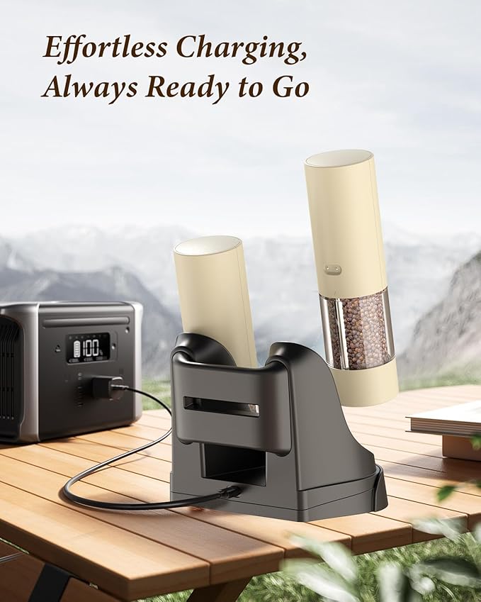 Electric Salt and Pepper Grinder Set - Automatic Refillable Salt and Pepper Grinders with Charging Base & LED Light, 6-Level Adjustable Coarseness with External Dial, Ideal Kitchen Gadget竊똁eige