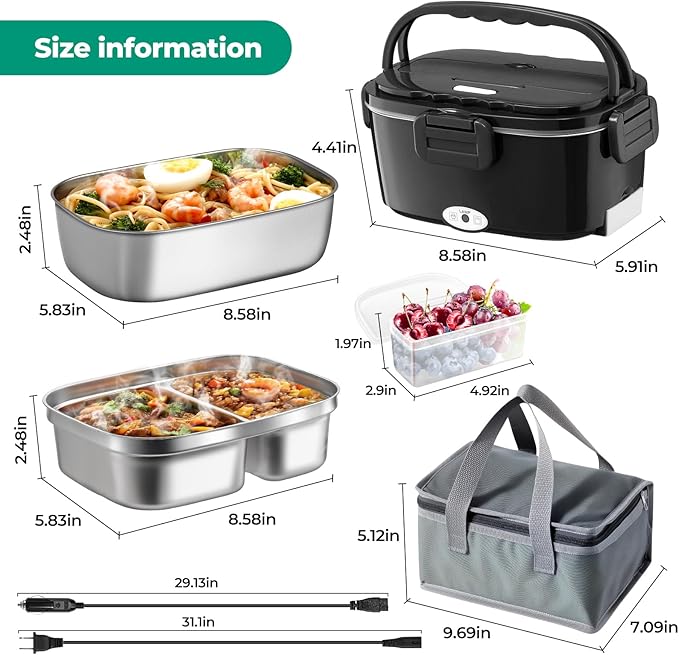 Vidaskeci Electric Lunch Box for Adults 100W Fast Heated Lunch Box for Men Women with Dual 1.5L Stainless Steel Containers Fast Heating Portable Food Warmer 12V/24V/110V Lunch box, Home/Office/Truck