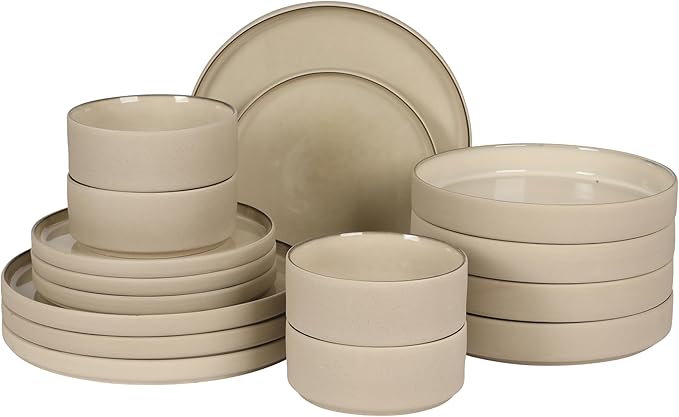 Gibson Elite Liberty Bay 16-Piece Pottery Clay Stoneware Dinnerware Set ??Taupe Reactive Glaze, Stackable Plates and Bowls W/Pasta Bowl, Service for 4 ??Microwave & Dishwasher Safe