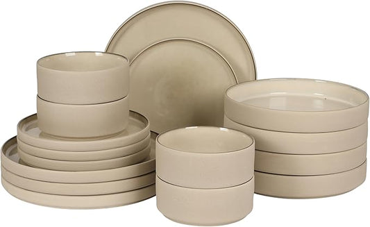 Gibson Elite Liberty Bay 16-Piece Pottery Clay Stoneware Dinnerware Set ??Taupe Reactive Glaze, Stackable Plates and Bowls W/Pasta Bowl, Service for 4 ??Microwave & Dishwasher Safe