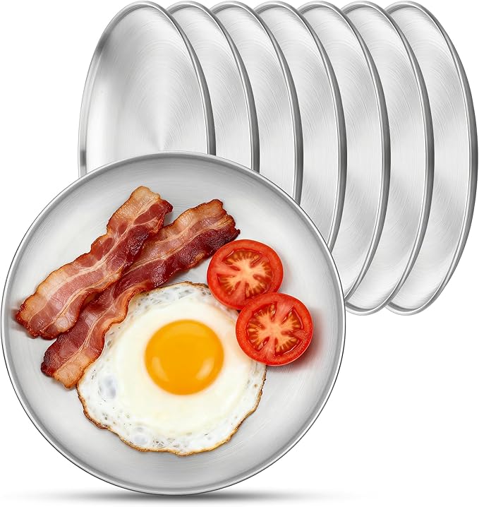 8 Stainless Steel Plates, 7.8 inch Small 201 Metal Camping Plate, Reusable Food Serving Dish Snack Eating Dishes Round Shatterproof Brushed Finish Silver Dish for Dinner Oven Dishwasher Safe