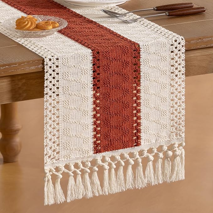 Socomi Boho Table Runner Macrame Long Valentine's Day Farmhouse Woven Cotton Linen Rustic Coffee Table Runner with Tassels for Dresser Scarf Home Decor Dining Room 12x108 inch Terracotta Ivory