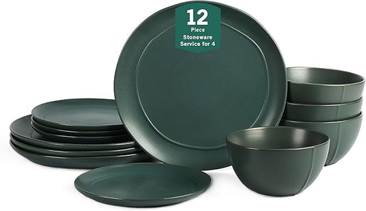 Stone Lain Infinity 12-Piece Dinnerware Set Stoneware, Plates and Bowls Set, Dishwasher and Microwave Safe, Dish Set for 4, Green