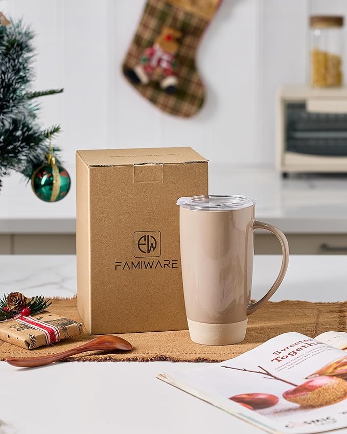 famiware Milkyway Coffee Mugs, 20oz Large Coffee Mug, Ceramic Mug Set of 2 with Lid, Cup Set with Handle for Latte, Tea, Cocoa, Milk, Home & Office, White and Cinnamon Brown