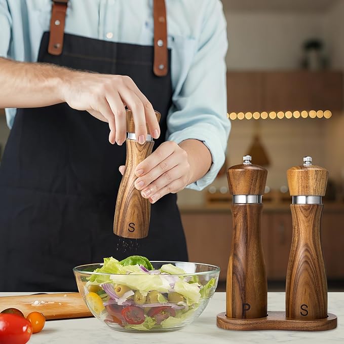 2 Pack Acacia Wood Salt and Pepper Grinder Set ??8??Manual Mills with Adjustable Ceramic Core, Stainless Steel, Tray, Spoon, Brush & Funnel ??Rustic Wooden Gift Set for Kitchen or Table
