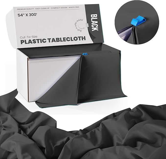 Party Solids 54 Inch X 300 Feet Black Plastic Table Cover Roll in A Cut - to - Size Box with Convenient Slide Cutter. Cuts Up to 36 Rectangle 8 Feet Plastic Disposable Tablecloths
