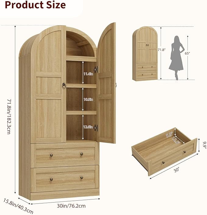 GAOMON 72" Arched Kitchen Pantry Cabinet, Wooden Freestanding Storage Cupboard with Doors, Drawers & Adjustable Shelves, Versatile Farmhouse Pantry for Dining and Living Room, Natural