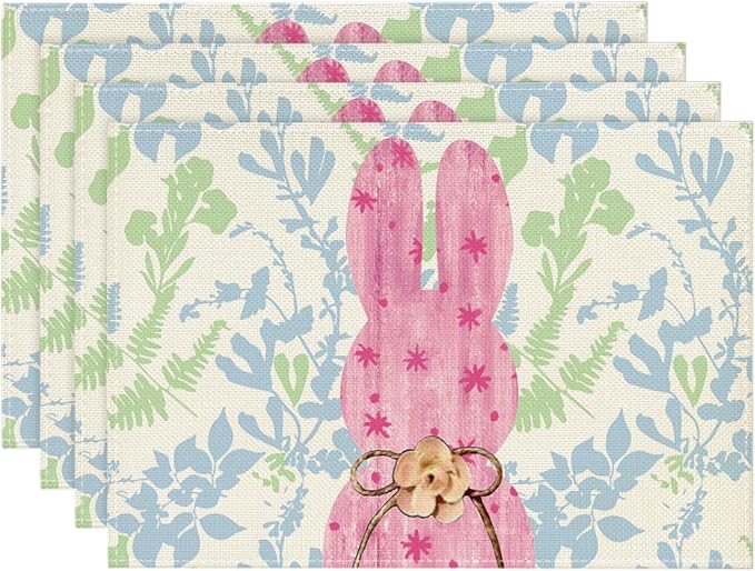 Artoid Mode Pink Bunny Leaves Bow Easter Placemats Set of 4, 12x18 Inch Spring Table Mats for Outdoor Home Party Kitchen Dining Decor
