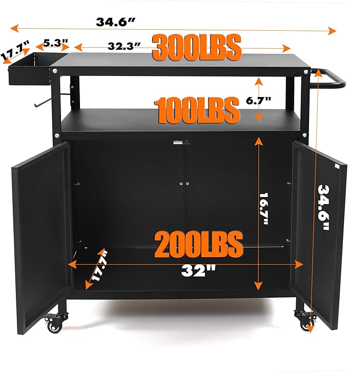 Kqoya Grill Cart with Storage, Outdoor Bar Cart Rolling BBQ Cart Movable Pizza Oven Table Stand with Foldable Stainless Steel Top & Storage Cabinet, Black（34.6 x 17.7 x 34.6 Inch）