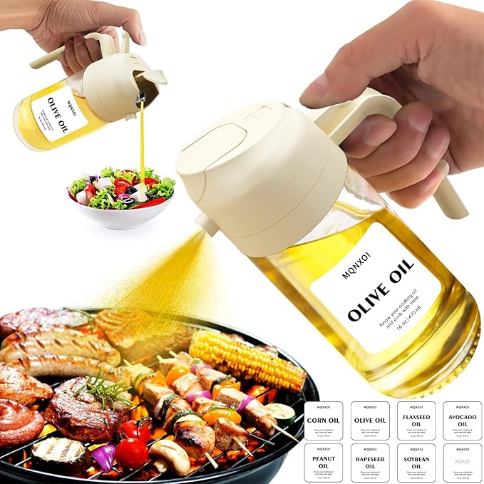 2 in 1 Glass Oil Sprayer & Dispenser,16oz/470ml Olive Cooking, Air Fryer, and Salad, for Kitchen Gadgets and Air Fryer Accessories, w/Stickers (White)