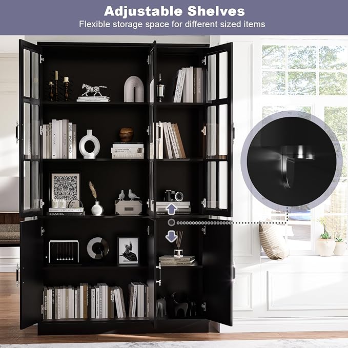 MEISSALIVVE Kitchen Pantry Storage Cabinet, 78.7" Tall with Glass Doors & Drawers, Freestanding Utility Cabinet, Black (47.2" W x 15.7" D)