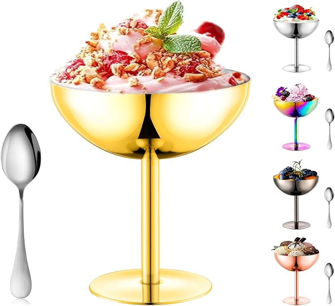 Ice Cream Bowls Stainless Steel Dessert Cups with Spoons Reusable Footed Sundae Cups Ice Cream Cups for Dessert, Frozen Yogurt, Gelato, Birthday Party Decorations (1, Glod)