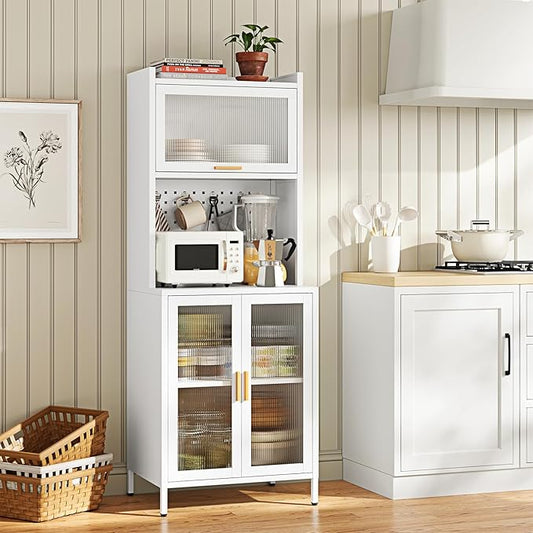 Letaya Metal Kitchen Pantry Cabinet,63" Tall Kitchen Bakers Rack with Storage, Coffee Hutch with countertop,Metal Microwave Stand with Glass Doors for Dining Room, Laundry, Hallway,White