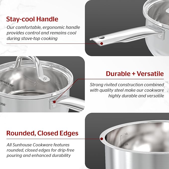 Sunhouse ??2 Quarts Stainless Steel Sauce Pan with Lid - PFOA-FREE, Stainless Steel Sauce Pan, Advanced Impact Bonding Induction Base, Stay-Cool Handle, Compatible with All Cooktops