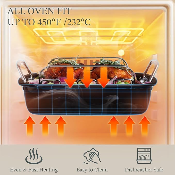 KITESSENSU Large Roasting Pan with Rack - 25 LB Nonstick Turkey Roaster Pan for Oven - Heavy Duty Carbon Steel Roasting Pan with Wider Handles for Chicken, Vegetables & Holiday Meals, Cream