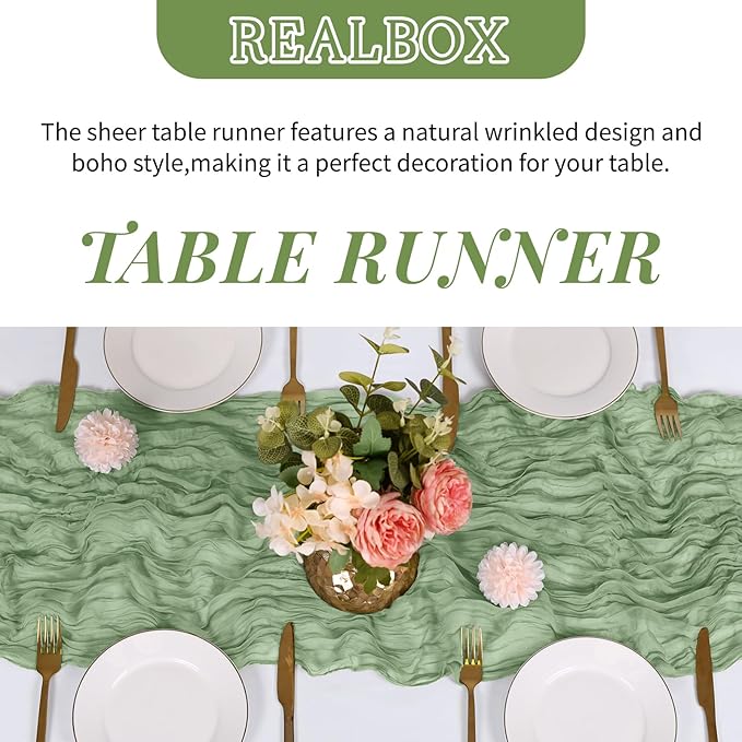 RealBox 3 Pack Sage Green Cheesecloth Table Runner 17x108 Inch Semi Sheer Boho Gauze Cheese Cloth Fabric Table Runners Table Decor for Wedding Party Baby Shower Birthday Home Decor Garden Farmhouse