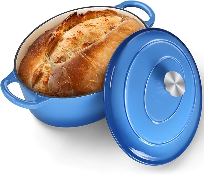 P&P CHEF Oval Dutch Oven with Lid, Enameled Cast Dutch Oven Pot for Bread Baking, Braising, Stewing, Roasting, Non-Stick & Oven Safe, Dual Handles & Easy Clean, 7QT & Blue
