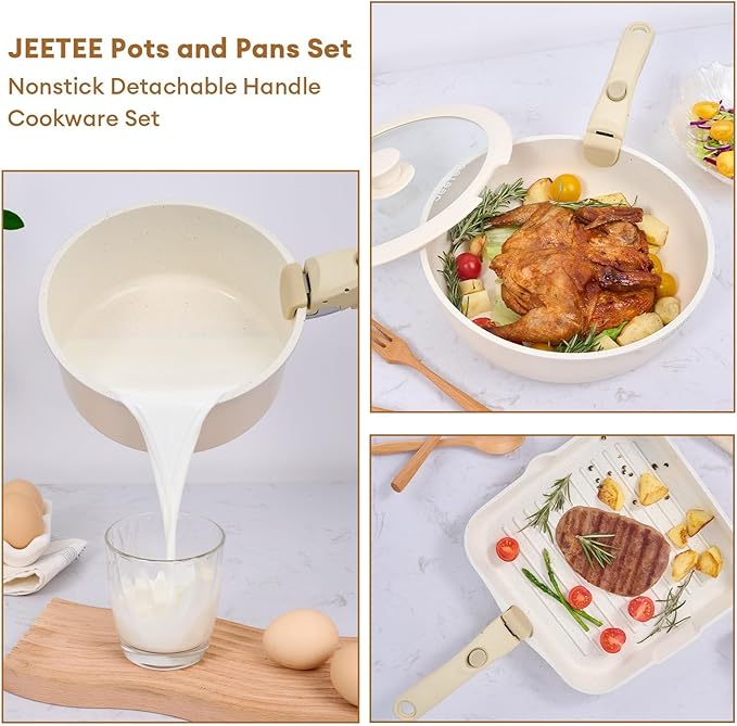 JEETEE 25pcs Pots and Pan Set Non Stick, Detachable Handle Cookware Set, Induction Cooking & RV Camping Stackable Pots Pans, Healthy Kitchen Cookware Set PFAS/PFOA Free Beige