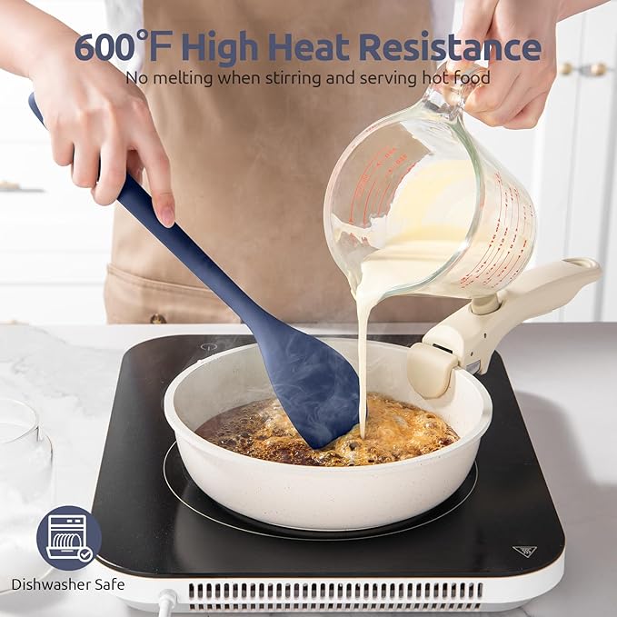 600쨘F Heat Resistant Silicone Spoon: U-Taste 13.3in Solid Kitchen Cooking Spoon, Nonstick Food Grade Large Soup Rubber Utensil for Mixing, Serving, Stirring, Basting, for Pot Cookware (Midnight Blue)
