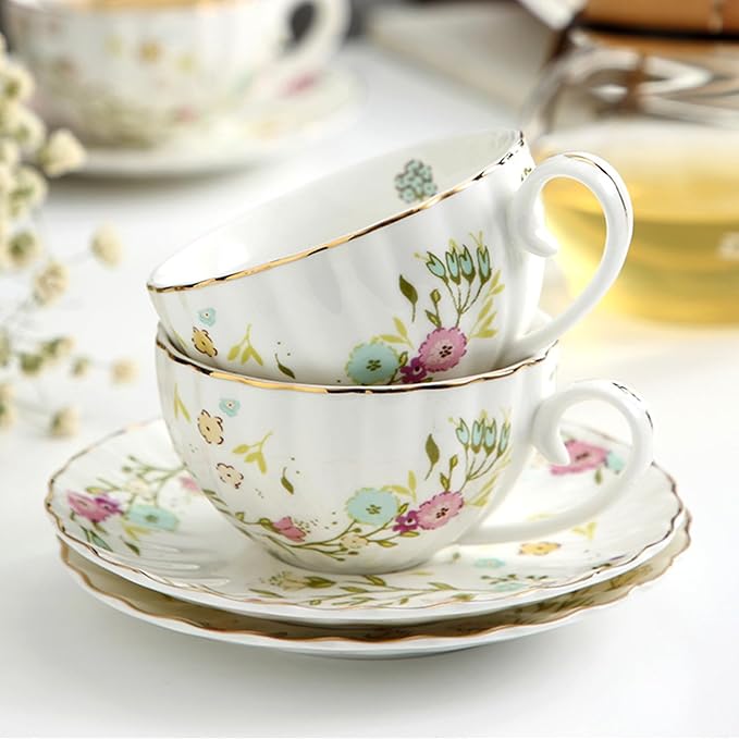 Bone China Tea Cups and Saucers,Country flower Handle Ceramic Coffee Mugs with Spoon&Fork,about 6 oz/175ml