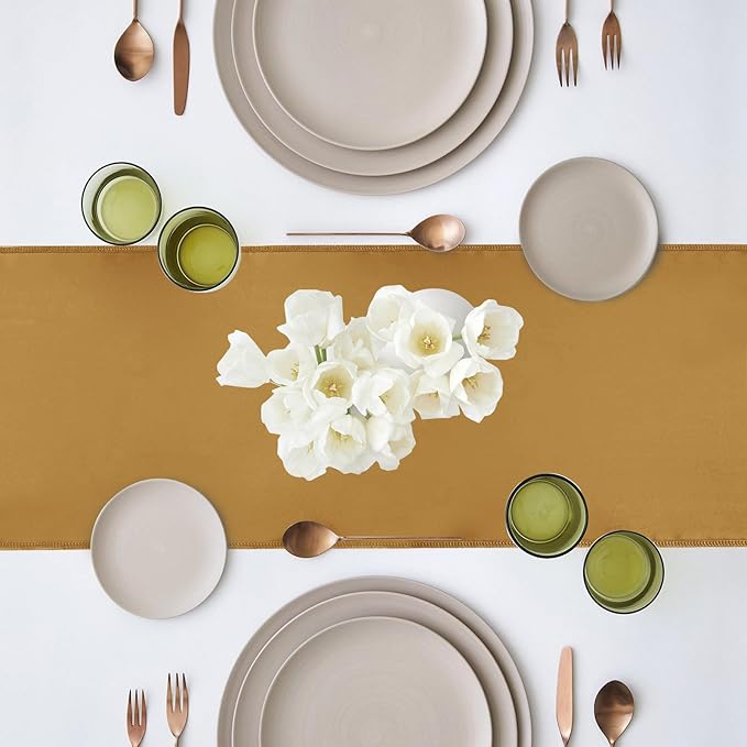 Yblut 10 Pack Satin Table Runner 12 x 108 Inch Long Old Gold Silk Table Runner for Wedding Party Banquet Birthday Decoration