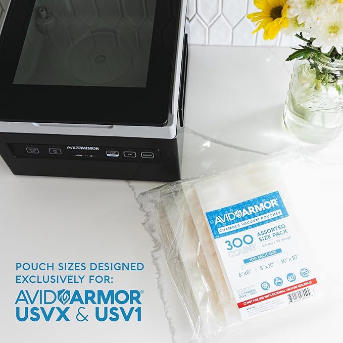 Avid Armor Chamber Vacuum Sealer Bags ??6x18", 8x10" & 10x10" ??300 Pack ??Heavy Duty Commercial Grade, BPA-Free Pouches for Sous Vide, Food Preservation, Meat Storage, Freezing, and Long-Term Storage