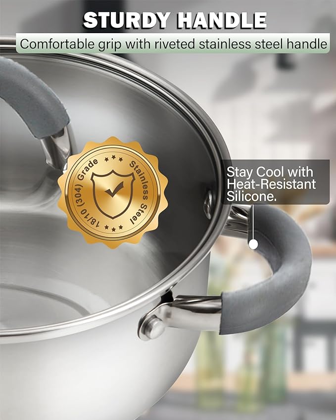 Cook N Home Stockpot with Lid, 8-Quart Basic Stainless Steel Pasta Cooking Soup Pot, Stay-Cool Silicone Handles