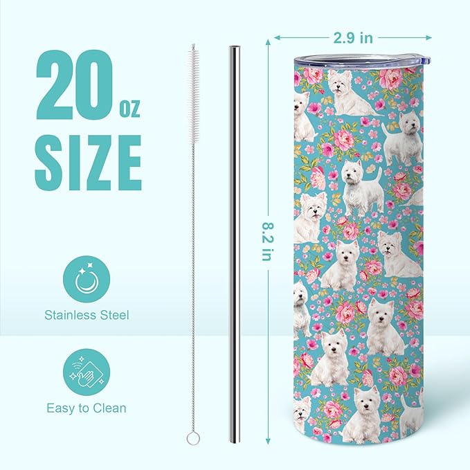 Yogusut Westie Gifts for Women, 20oz Stainless Steel Insulated Tumbler Travel Mug Cup with Lid Straw Brush, Gifts for Dog Mom Dog Lover
