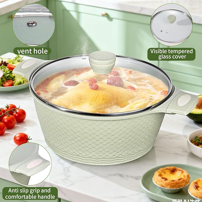 Nonstick Stock Pot with Lid 6.6QT, Large Soup Pot & Pasta Pot - Healthy Non-Toxic Granite Coating 100% PFOA/PFAS Free-Induction Compatible All Stoves - Cool-Touch Handles