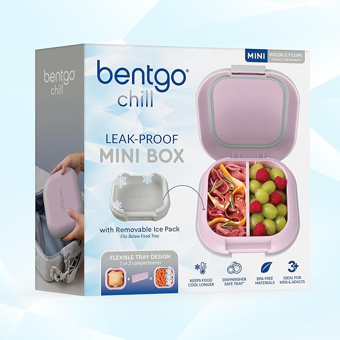 Bentgo Chill Mini Leak-Proof Lunch Box ??Built-In Ice Pack Keeps Food Cold, 2.7-Cup Capacity for Snacks or a Sandwich, 3 or 4 Compartments, PFAS & BPA-Free, Ideal for Adults & Kids 3+ (Lilac Mist)