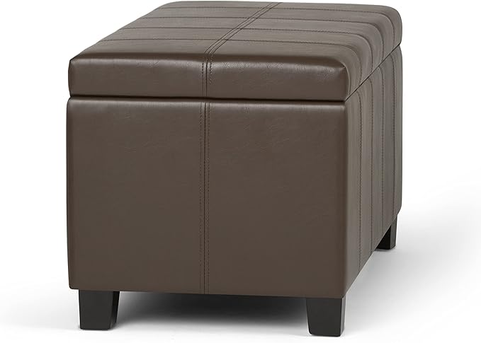 SIMPLIHOME Dover Storage Ottoman Bench - 36 inch Wide Upholstered Vegan Leather Rectangular Lift-Top Ottoman in Chocolate Brown, Contemporary Bench for Living Room with Safety Hinges