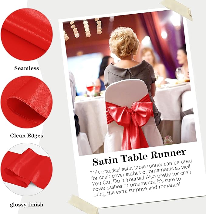 Yblut 10 Pack Satin Table Runner 12 x 108 Inch Long Red Silk Table Runner for Wedding Party Banquet Birthday Decoration