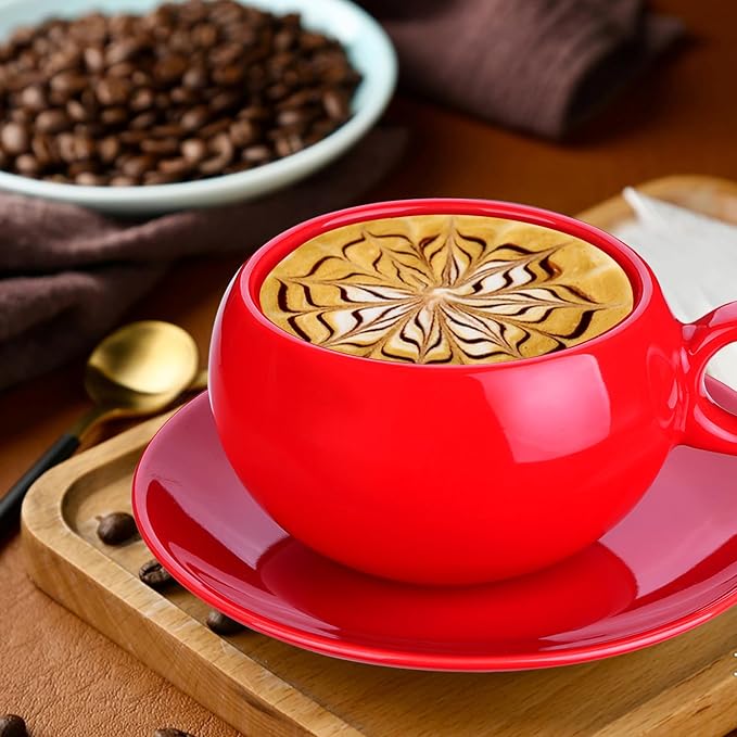 Ceramic cup and saucer Cups Set 竊?9 Ounce / 270ml 竊?Cappuccino Cups, Coffee Cups, British Coffee Cups, Porcelain Tea Set, Latte Cups竊똕et of 2 (2, red)