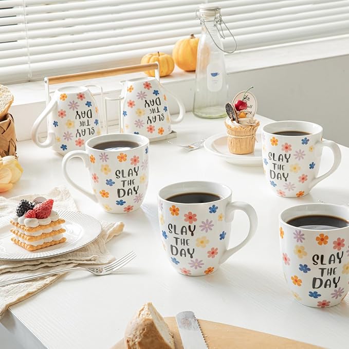 16OZ Ceramic Slay the Day Coffee Mugs Set, Large Colorful Coffee Cups with Handles for Milk, Tea, Latte, Mocha, Cocoa, Cappuccino, Porcelain Cups Gift for Holiday or Anniversary (4PCS)