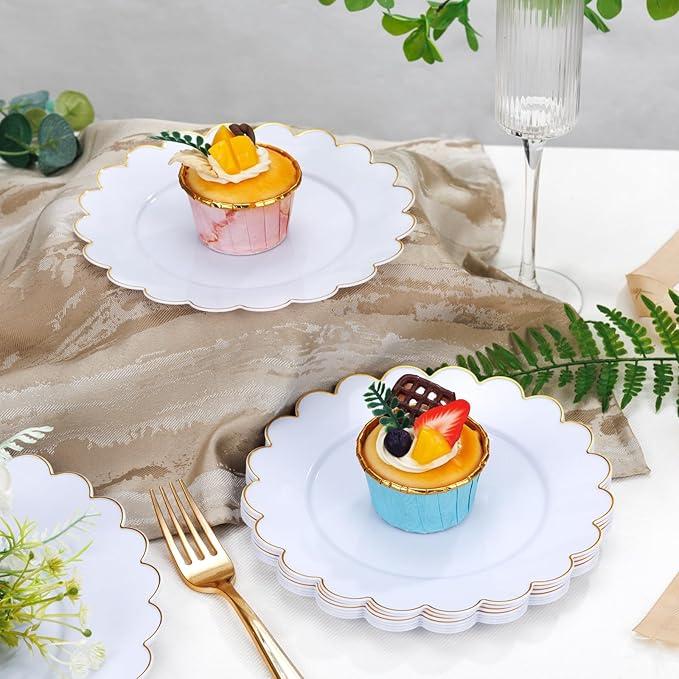SUT 72Pcs Plastic Plates-7.5inch White Dessert Plates with Gold Trim, White Disposable Plates, Disposable Plates,Fancy Plastic Plates, Heavy Duty Plastic Plates for Christmas & Parties