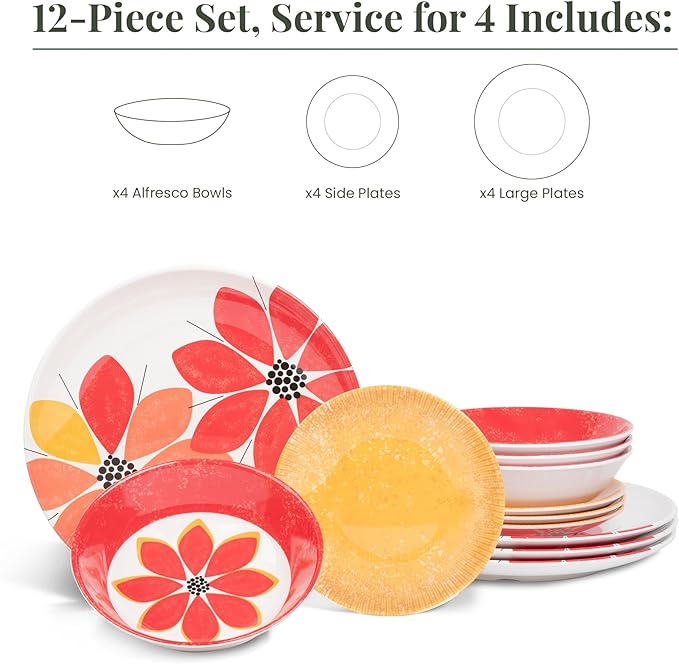 Larder & Vine 12-Piece Melamine Dinnerware Set: Durable, Lightweight, Break-Resistant Plates & Bowls ??Stylish, Non-Toxic, Dishwasher Safe ??Ideal for Everyday Use, Indoor & Outdoor Dining ??Floral