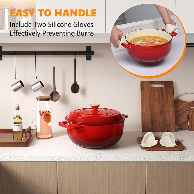 ROVSUN Enameled Cast Iron Round Dutch Oven, 6QT Pot with Lid &Dual Handles with Silicone Gloves,Oven Safe up to 500째F, Heavy-Duty Pre-Seasoned Cookware for Bread Baking, Braising, Stews, Roasting, Red