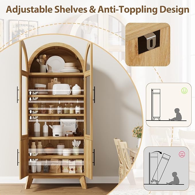 QUW 71" Modern Fluted Display Cabinet, Fluted Arched Pantry Cabinet, Tall Kitchen Storage Pantry with Adjustable Shelf, Storage Cabinet for Living Room, Dining Room, Natural Oak