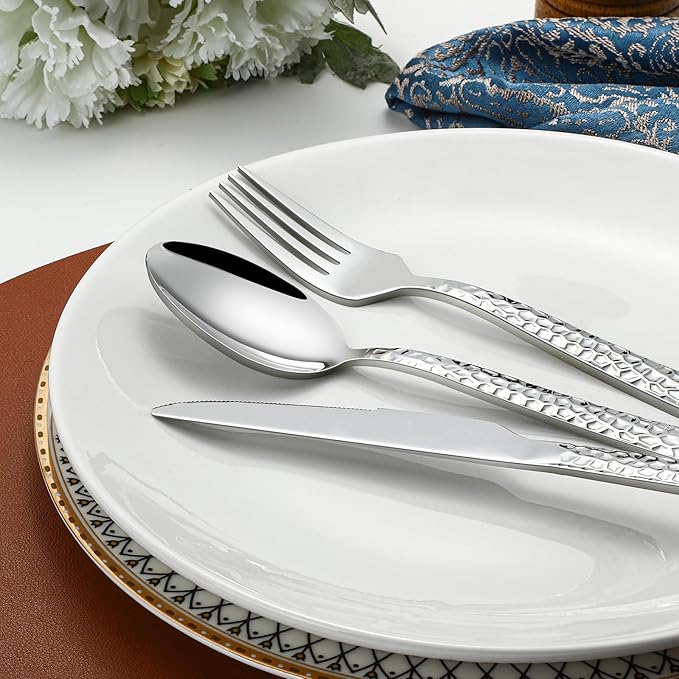 20-Piece Silverware Set, Hammered Stainless Steel Flatware Set for 4, Kitchen Utensil Cutlery Set Include Forks and Spoons Knives Flatware Set, Mirror Finish & Durable, Dishwasher Safe