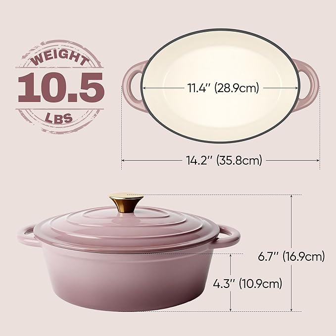 Vintage Style Oval Dutch Oven for Bread Baking, 4.5 Quart Non Stick Enameled Cast Iron Dutch Oven Pot with Lid, Oven Safe Oval Casserole with Lid up to 500째F for Baking, Braising, Stews, Roasting, Pink