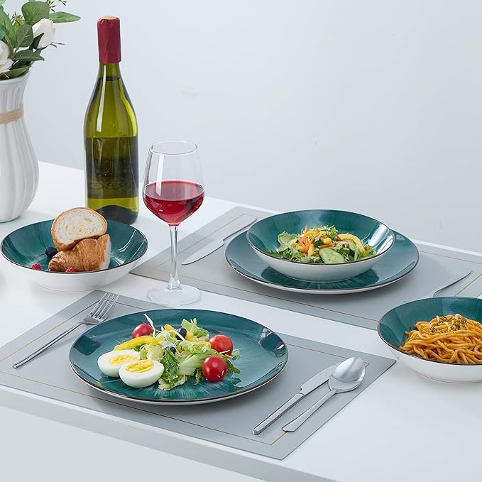 Bestone Porcelain Dinnerware Sets Service for 4, 12 pcs Hand drawn Plates and Bowls Sets, Handmade Ceramic Dish Set, Chip Resistant Modern Plate Set, Dishwasher/Microwave Safe竊똕tarburst Green