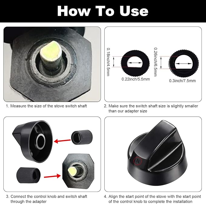 Jetec 4 Pack Control Knobs Replacement with 12 Adapters for Oven/Stove/Range, Please Check Carefully Whether The Dimensions in Figure Match(Black)