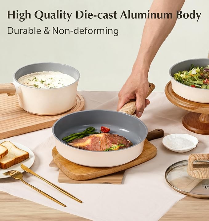 KOCH SYSTEME CS Non Stick Frying Pans Set 3 Piece, Nonstick Ceramic Frying Pans Heat-Resistant Handle, 8" 9.5" 11" Non Toxic Cooking Pan Set, Induction Compatible Skillet, Dishwasher Safe, Cream White